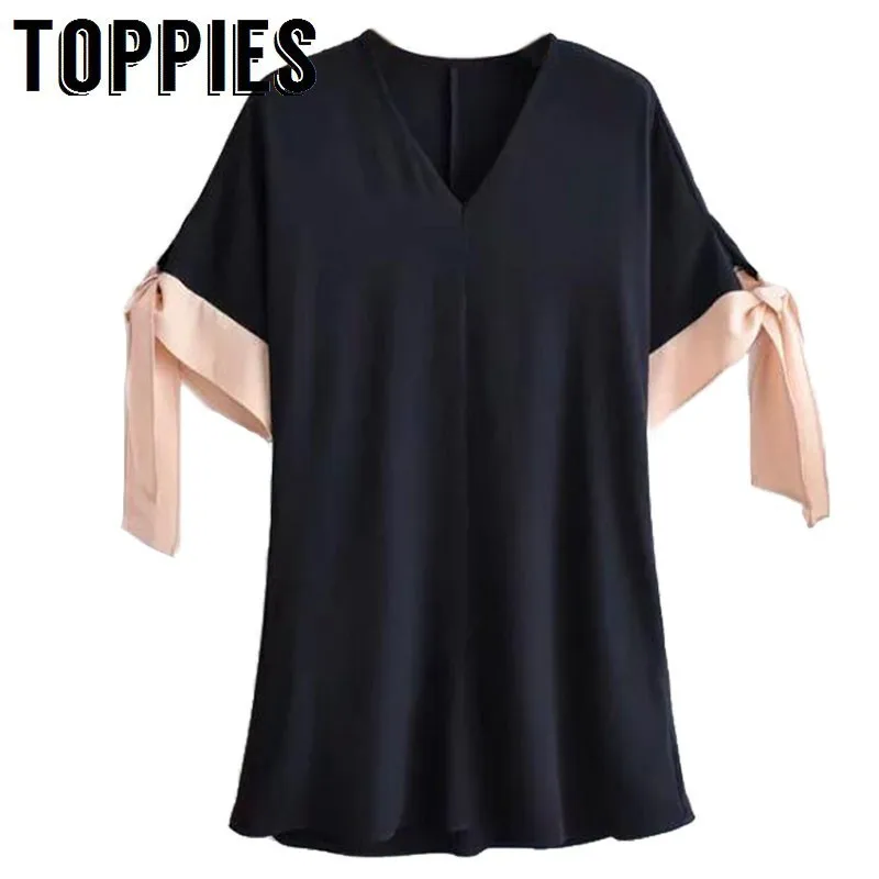 

2019 Summer Short Sleeve Straight Dress Women Pink Bow Cuff Mini Dress Leisure Navy Blue V Neck Smocks