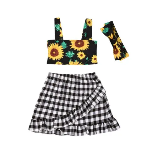 

Toddler Baby Girls Clothes Cotton Sunflower Sleeveless Tank Tops+Plaid Skirts Headband Outfits Children Set Clothes 3Pcs