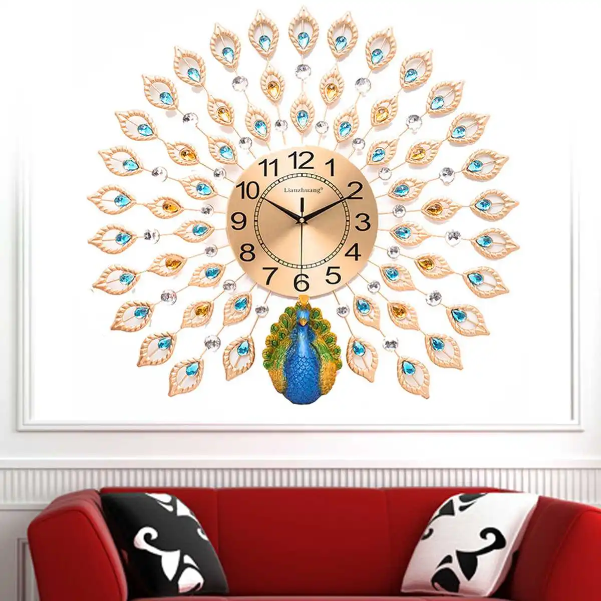 Relojes de pared de pavo real de cuarzo de cristal de diamante en 3D de lujo modernos para decoración de sala de estar en casa Reloj de pared silencioso grande artesanías Relojes de pared de pavo real de cuarzo de cristal de diamante en 3D de lujo modernos para decoración de sala de estar en casa Reloj de pared silencioso grande artesanías