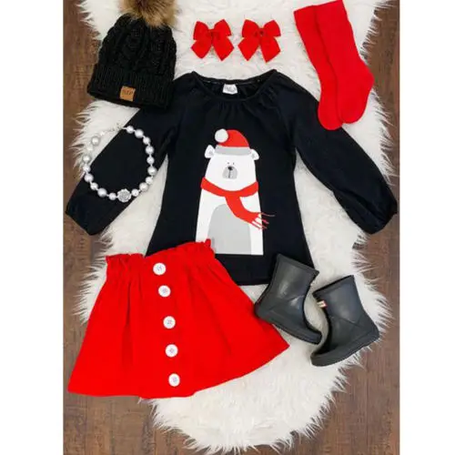 

Toddler Newborn Kids Baby Girls Bear Print Long Sleeve T-shirt Tops Tutu Red Skirt 2PCS Sets Cute Clothes 1-6Y
