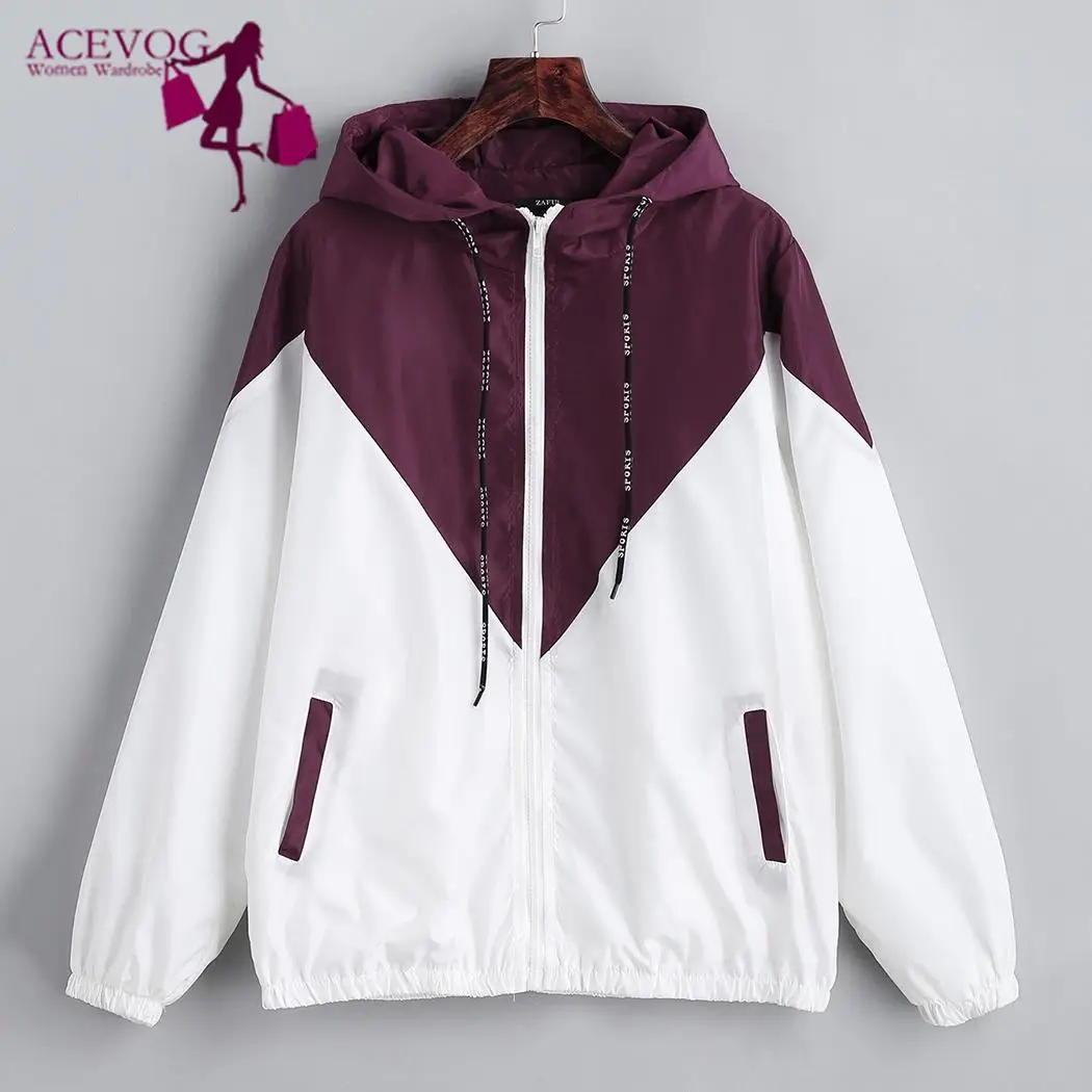 

Women Casual Long Sleeve Patchwork Hooded Jacket Zippers, Pockets Loose Contrast Color Outwear Spring, Autumn