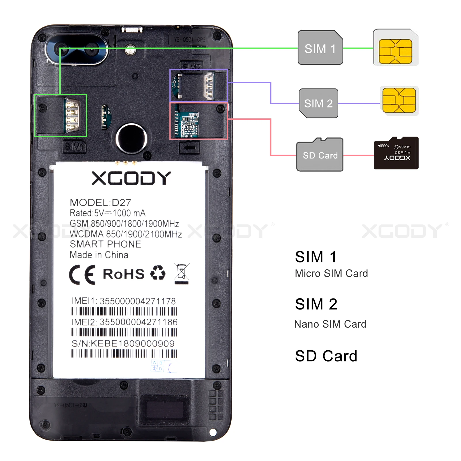 XGODY D27 3G Unlock Smartphone Android 7.0 5.5 Inch 18:9 Full Screen Mobile Phone Quad Core 1G+8G 5MP Camera Cell Phones 2500mAh