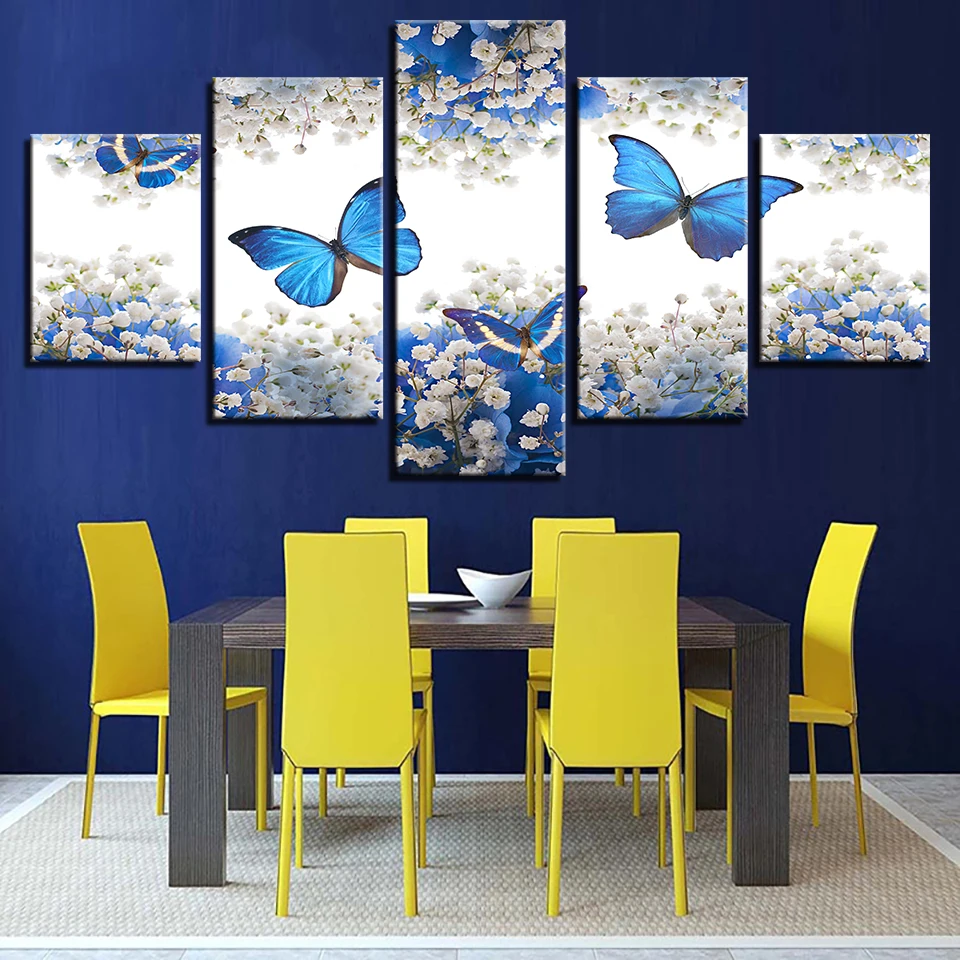

Modular Art Home Decoration Painting For Living Room 5 Panel Blue Butterfly Flower Frame HD Pictures Wall Canvas Prints Poster