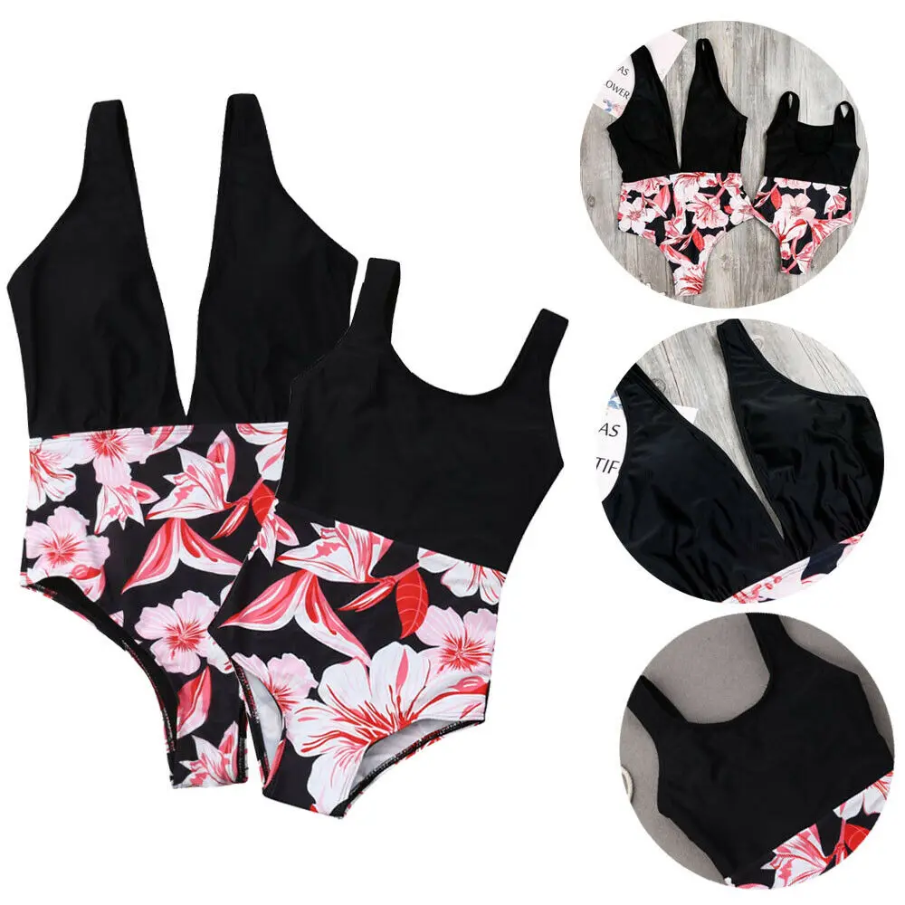 

New Fashion Family Matching Clothes Swimsuit Mommy And Me Beachwear Padded Push-up Bikini Swimwear Floral Set