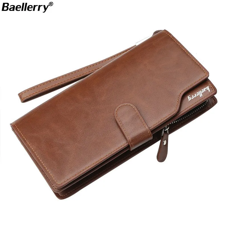 

Baellery Long Purse Zipper Top Quality Men Wallet Leather Luxury Phone Pocket With Coin Clutch Bag Wristlet Strip Male Money Bag