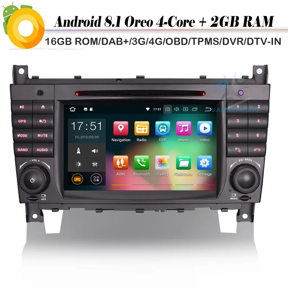 Android 8 1 Авторадио четырехъядерный DAB + GPS WiFi 4G DVD Bluetooth СБ Navi для Mercedes C/CLC/CLK Class W203 W209