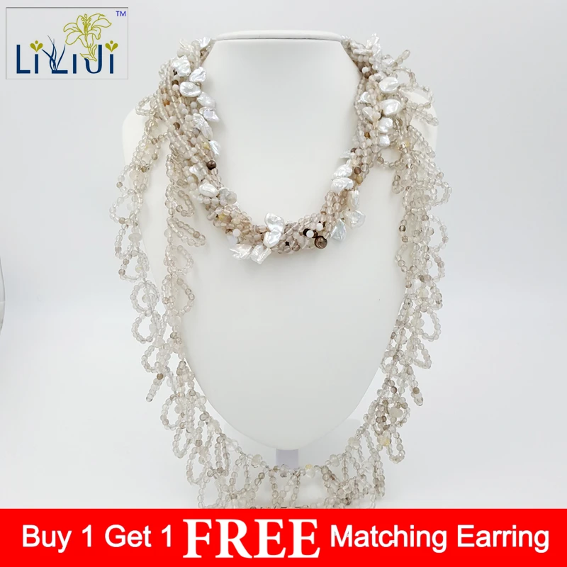 

Lii Ji Grey Agate, Keshi Freshwater Pearl,925 sterling silver Necklace