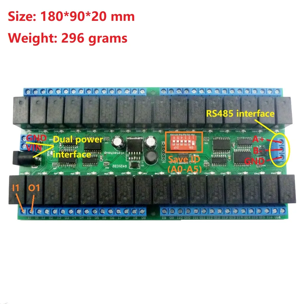 R421C32 DC 12 В 32 канала Modbus RTU RS485 автобус Релейный Модуль UART последовательный порт плата для PLC светодиодный домашней автоматизации дверной замок