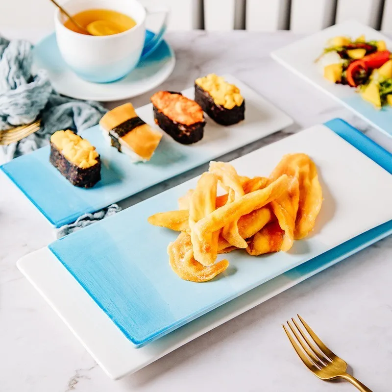 Скандинавский градиентный синий цвет, керамическая тарелка, Набор чашек, фруктовое блюдо, десертная тарелка, креативный поднос, плоская посуда, набор для пищевых блюд
