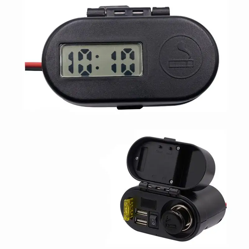 

Motorcycle USB Charger Dual Ports Time Display Voltmeter Rear Mirror Handlebar Cigarette Lighter Power Adapter Charger