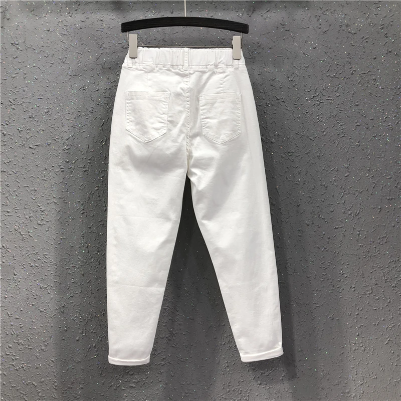 Белые джинсы для женщин в стиле бойфренд, свободные винтажные женские джинсы с эластичной талией, женские вареные джинсовые штаны-шаровары