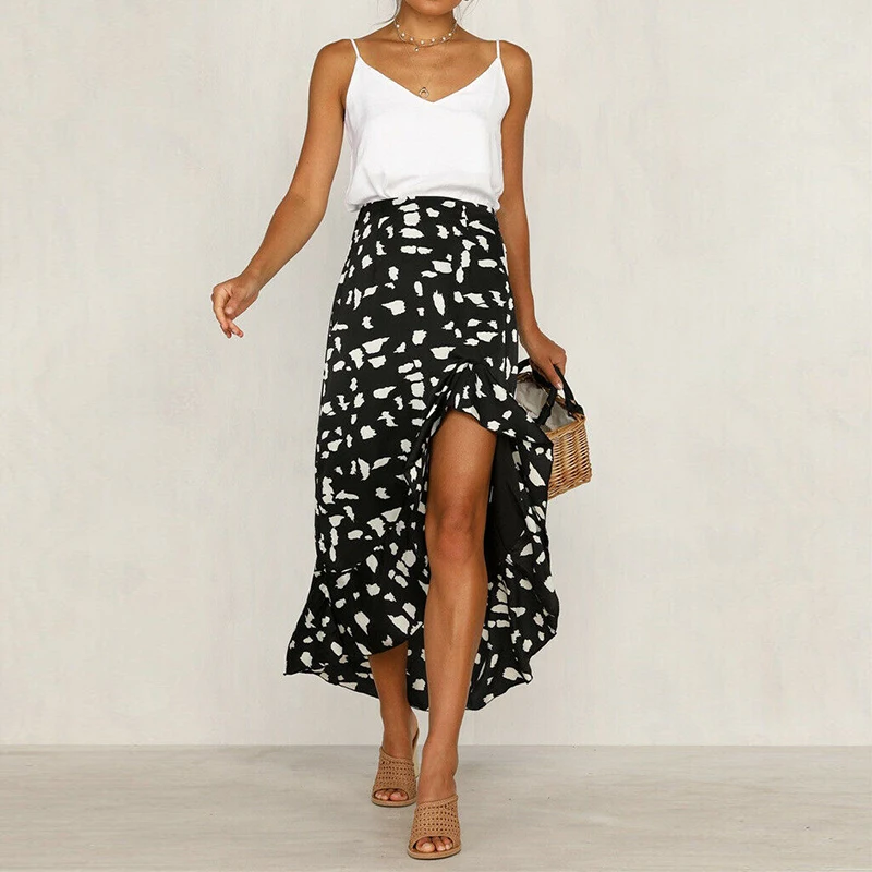 

Woman Ruffle Skirt Asymmetrical Midi Skirts New Fashion Summer Casual High Waist Skirt Beachwear Elegant Feminino Boho Skirts