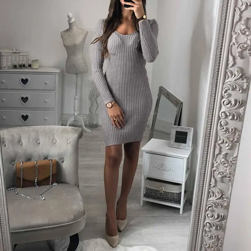

2018 Fall Winter Warm And Charm Women Sweater Dress V-Neck Sexy Lurex Bodycon Dresses Striped Skinny Knitted Dress SJ1348C