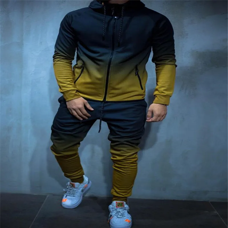 Fashion Men Gradients Tracksuit Clothing Sets Long Sleeve Hoodies + Color Blocking Sweatpants Sports Runing Gym Clothes Set