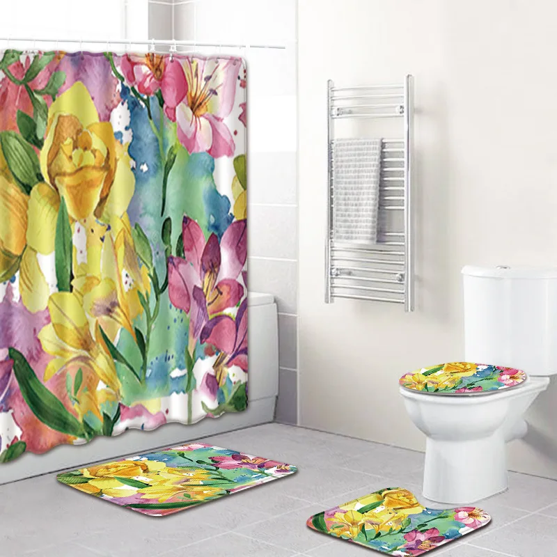 Yellow Sunflower on White Fabric Shower Curtain Toilet Mat Contour Rug 4Pcs Sets 