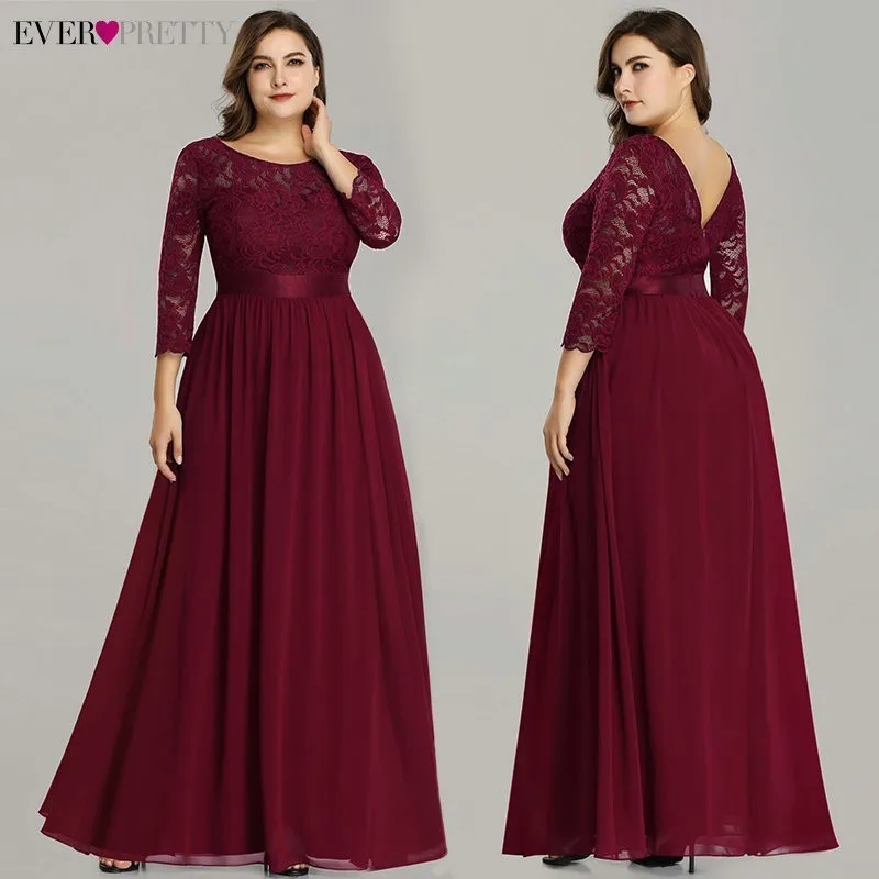 

Plus Size Ever Pretty Evening Dresses Long EP07412 Elegant Long Sleeve A-line Lace Chiffon Navy Blue Winter Wedding Guest Dresse