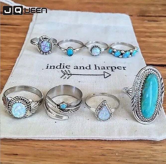 

JQUEEN 8PCS/Set Vintage Bohemia Silver Turquoises Knuckle Rings Set For Women Geometric Opal Midi Rings