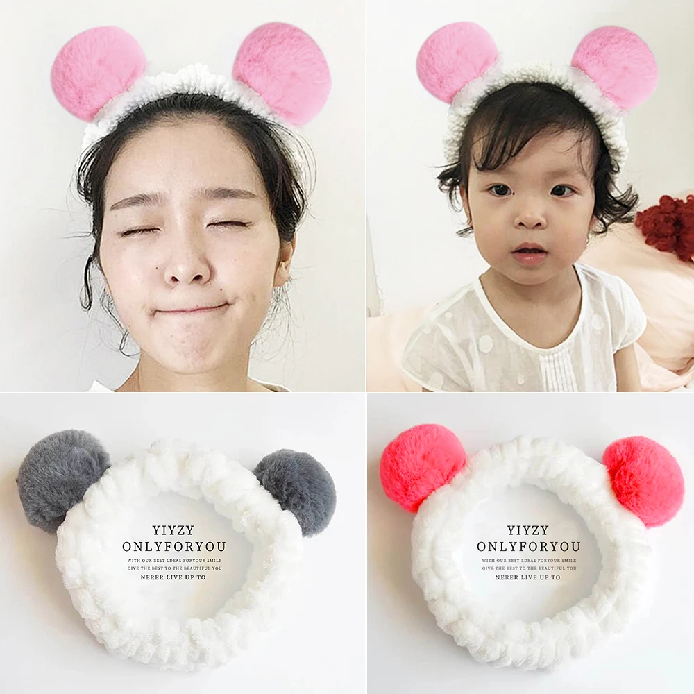 1 Pc لطيف الباندا الأذن الحيوان نمط لينة ثلاثي الأبعاد أفخم الكرة غسل الوجه رباط شعر الوالدين والطفل عقال قناع ماكياج عقال