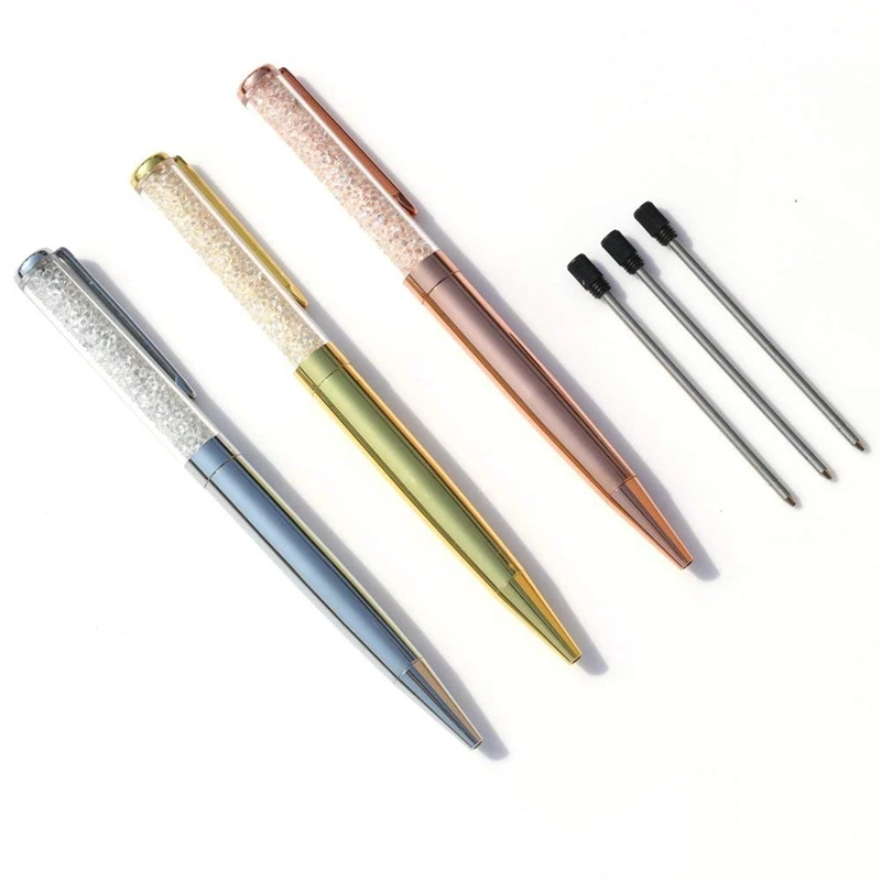 Pen, 3 Pcs Pen Metal Ballpoint Pen Bling Pens with 3 Extra Black Refills for Office Supplies (3pcs Pens)