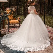 Милое кружевное милое платье с цветочным узором для девочек; Детские платья принцессы с короткими рукавами; праздничные платья для первого причастия на день рождения и свадьбу