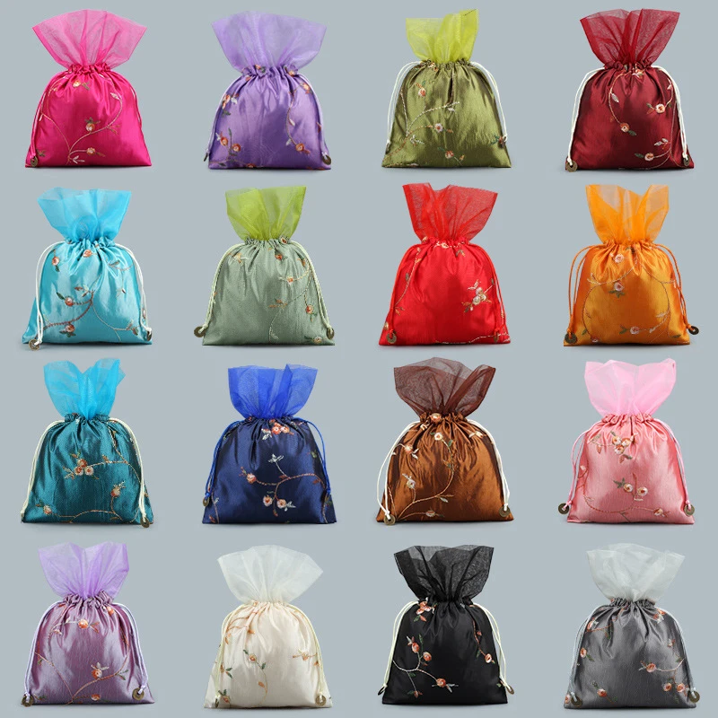 

Large Chinese Silk Satin Fabric Jewelry Gift Pouch Drawstring Necklace Bangle Bracelet Travel Storage Bag Gauze Packaging Bags