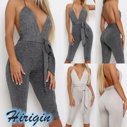 

Summer Playsuits Women Sexy Solid Sleeveless Deep V-Neck Halter Playsuit High Waist Lace Up Skinny Playsuits