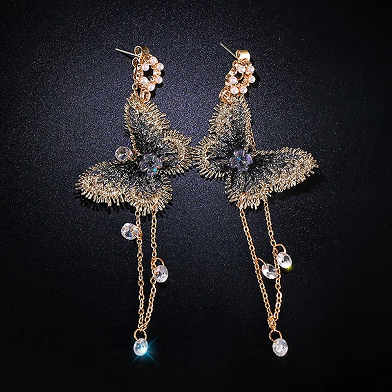 

New fashion Zinc Alloy Earrings Trendy Butterfly Dangle Temperament Earrings women Long Blue Gold Embroidered Handmade Jewelry
