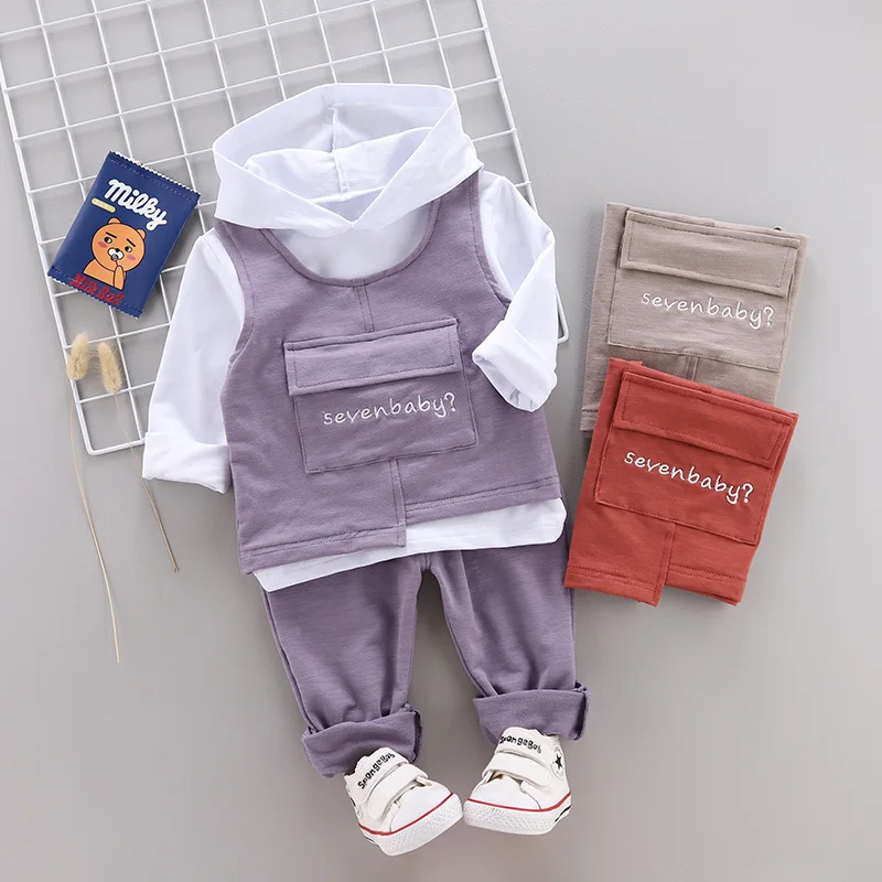 

2019 Spring Autumn Children Boys Girls Casual Sports Suit Baby Pocket Stitching Vest Hoodies Pants 3Pcs/Sets Toddler Tracksuits