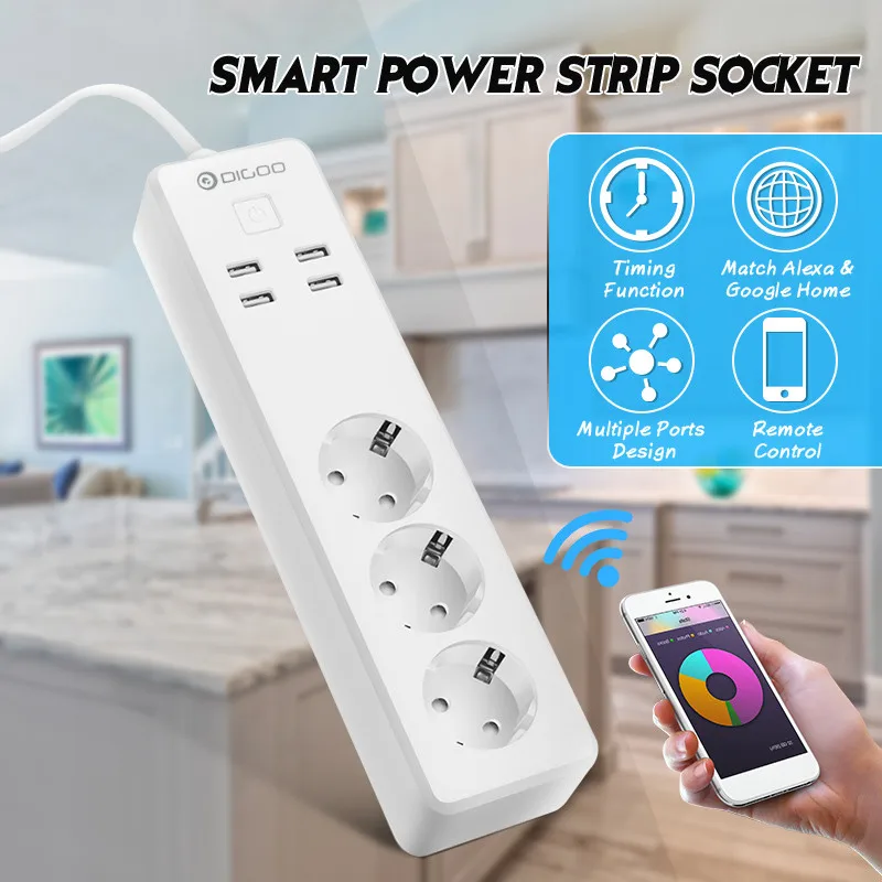 DIGOO DG-PS01 ЕС Plug Smart мощность полосы работать с Alexa умный дом USB порты и разъёмы дистанционное управление четыре розетки 2200 Вт прочный