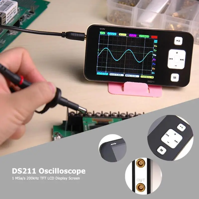 

DS211 Mini Pocket Digital Oscilloscope 1 MSa/s 200kHz TFT LCD Display Screen Spectrum ease Analyzer measure bult-in battery