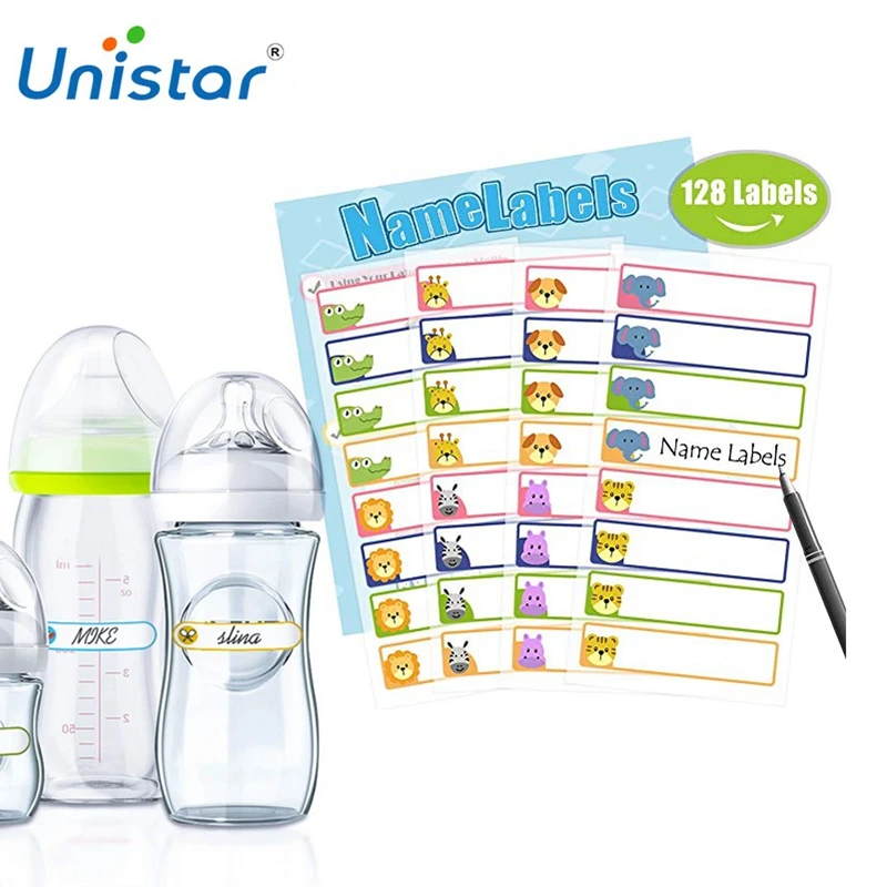 

Unistar Baby Bottle Labels 128pcs Waterproof Write-On Name Labels Multi Color Best for School Baby Daycare Adhesive Sticker