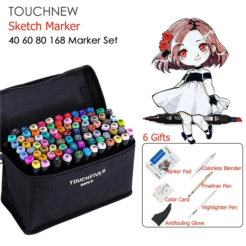 

TOUCHNEW 40/60/80/168 Color Graphic Marker Pen Set Sketch Art Markers Double Headed Art Pens Drawing Supplies With 6 Gifts