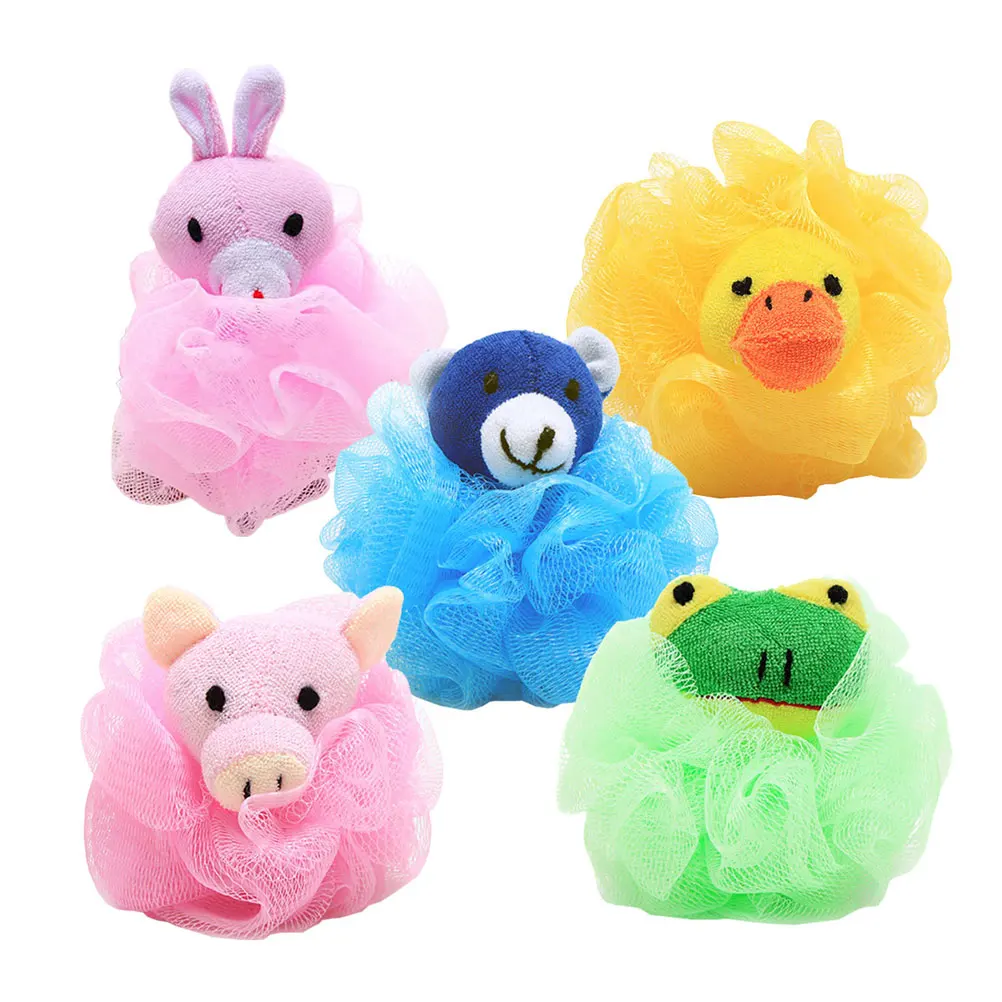 

5pcs Bath Ball Cute Animal Soft Cartoon Comfortable Body Cleaning Ball Shower Ball Mesh Sponge Mesh Pouf For Kids（Random Style）