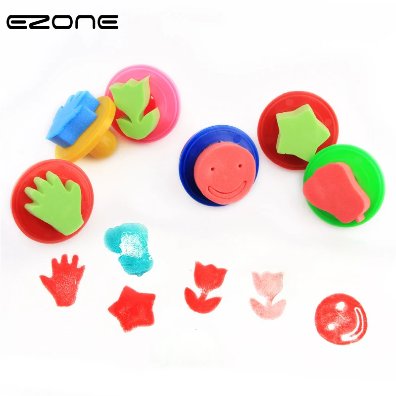 

EZONE 6PCS Cartoon Sponge Badge Printed Flower/Star/Palm/Smile Face Stamp Kid Drawing Scrapbook DIY Painting Tools Art Supply