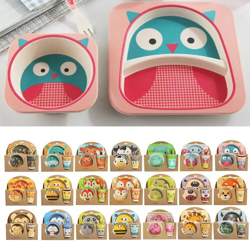 

5Pcs Children's Tableware Set Bamboo Fiber Innovative Cartoon Bowl Compartmental Plate Spoon Fork Cup Tableware
