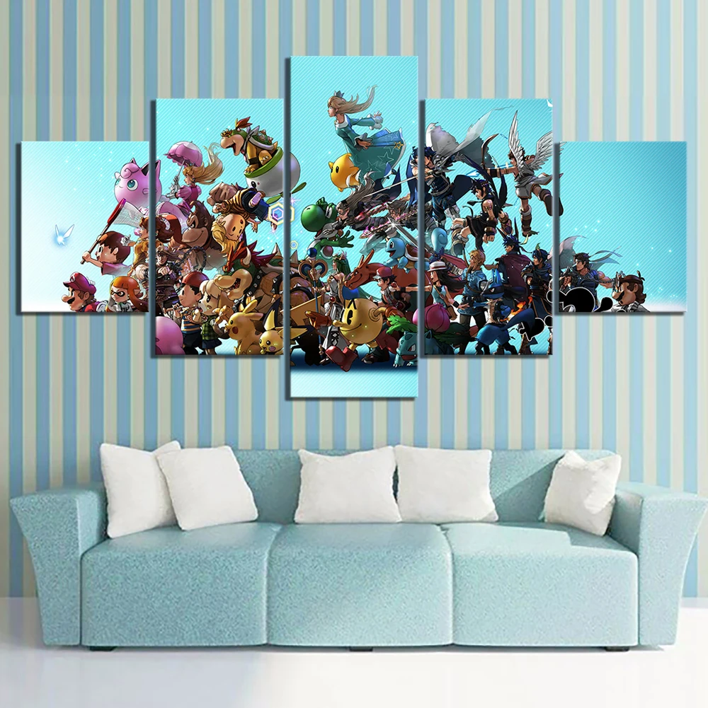 

5 Piece Cartoon Pictures Super Smash Bros Game Poster Pictures Smash Brothers Artwork Paintings Canvas Art for Home Decor