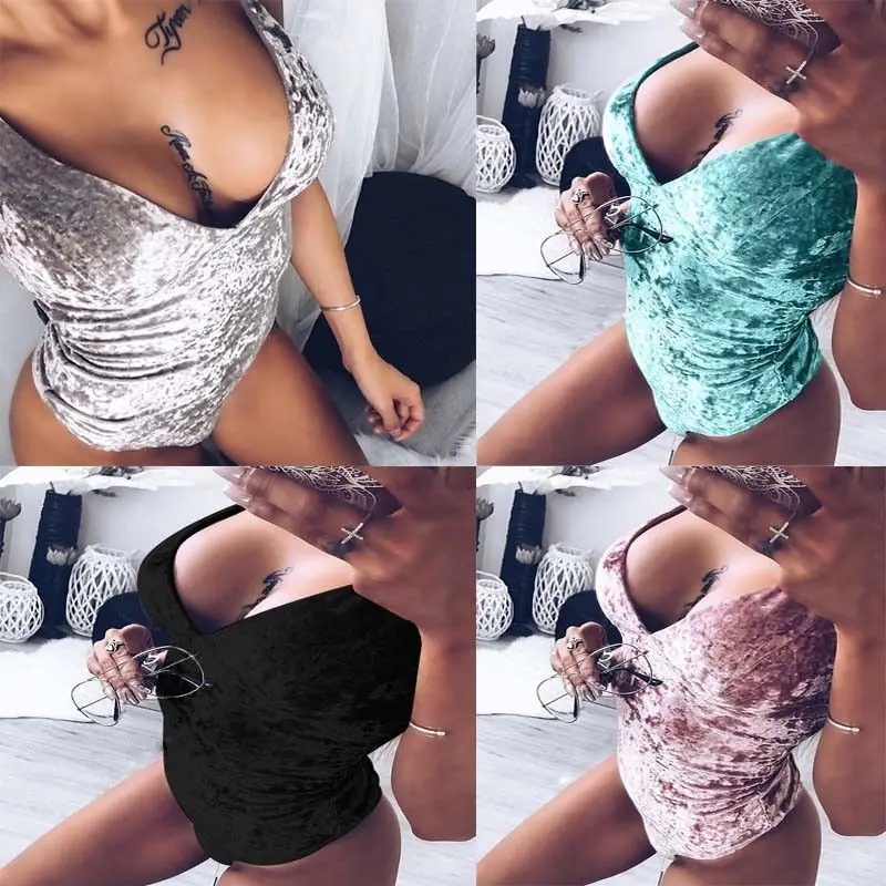 

Sexy Woman Sleeveless V-neck Solid Color Velvet Swimwear One Pieces Bathing Suit Swimsuit