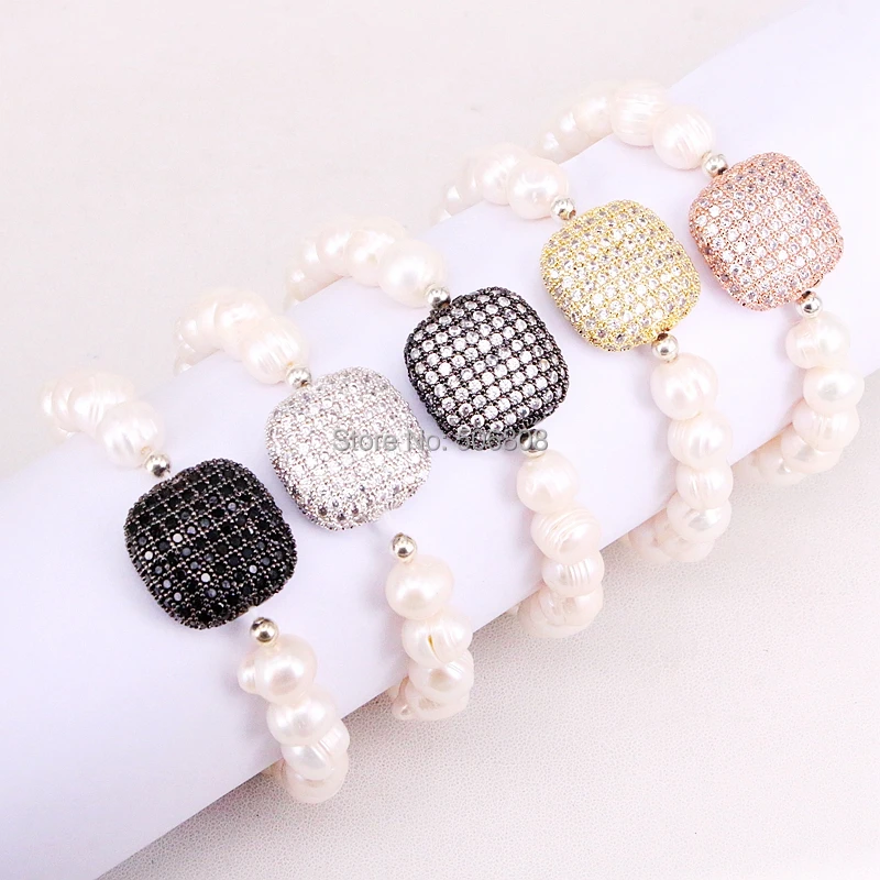 

5 Strands ZYZ320-7204 Natural Pearl Beads with Paved CZ Square Spacer Connector Beads Charm Stretch Bracelets