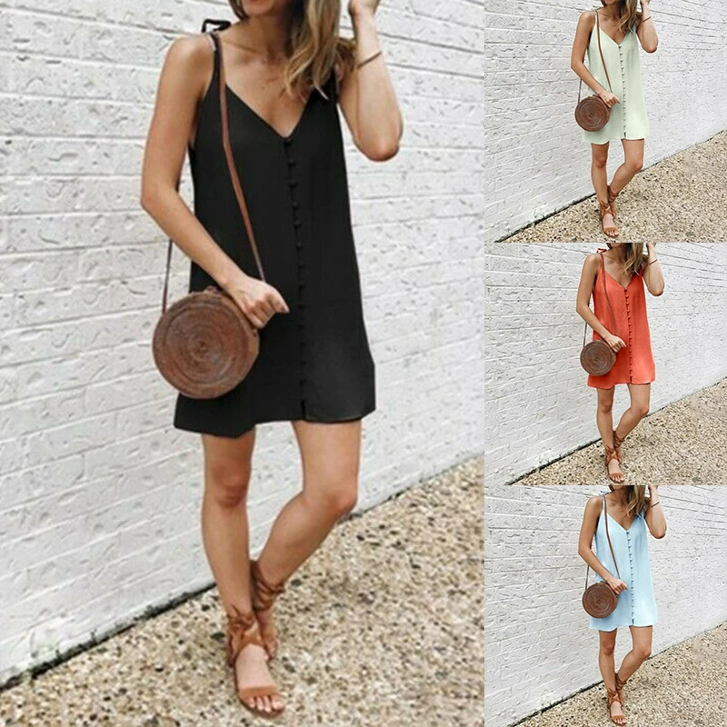 Женский пляжный сарафан с V образным вырезом на пуговицах|Платья| |