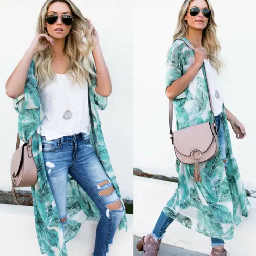 2019 Women Boho Kimono Cardigan Kaftan Shawl Print Beach  Cover Up Coat Long Shirts