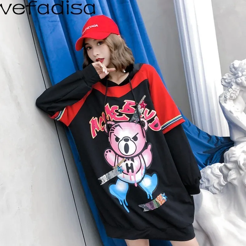 Vefadisa осень мультфильм с капюшоном Для женщин блесток свободные Drawstring толстовка