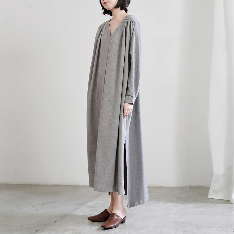 

[EWQ] 2019 Fashion Long Sleeve V-collar New Spring Solid Pullovers Lace Up Asymmetrical Patchwork Casual Dress Women AC083