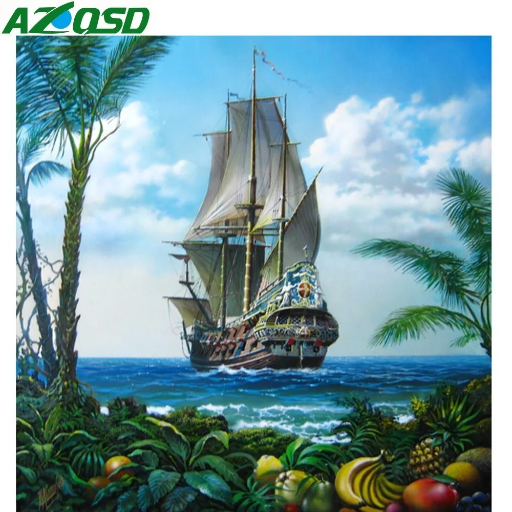 

AZQSD Diamond Embroidery Boat Sea Landscape Painting of Rhinestone Full Square Diamond Painting Resin Drill Bead Work Craft DIY