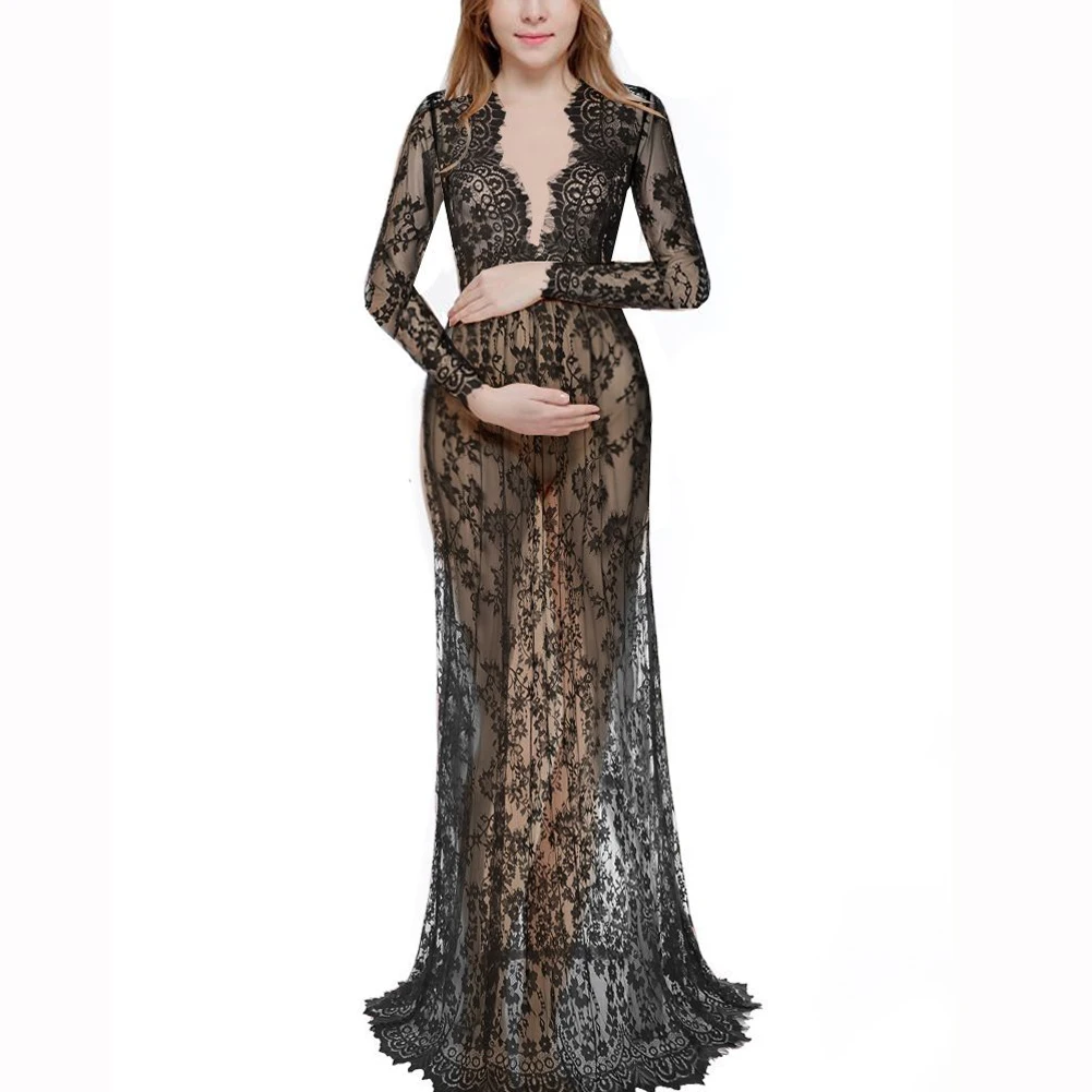 Женское Прозрачное цветочное элегантное кружевное длинное платье с v-образным вырезом сексуальное Макси осеннее Черное вечернее платье с длинным рукавом Vestidos