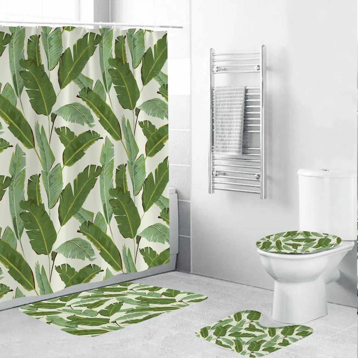 

Polyester Green Plants Shower Curtain/Floor Mat Set Waterproof Bathroom Shower Curtains Bath Rug Toilet Cover Cushion Rug Mat