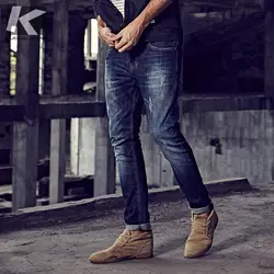 Осень Для мужчин джинсы хлопок лоскутное голубой цвет карман для человек моды Slim Fit джинсовые штаны 2018 новый мужской носить длинные брюки 9396