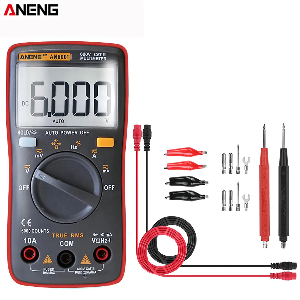 

ANENG AN8001 Red Professional True RMS Digital Multimeter 6000 Counts Backlight AC/DC Ammeter Voltmeter Tester+ Test Lead Set