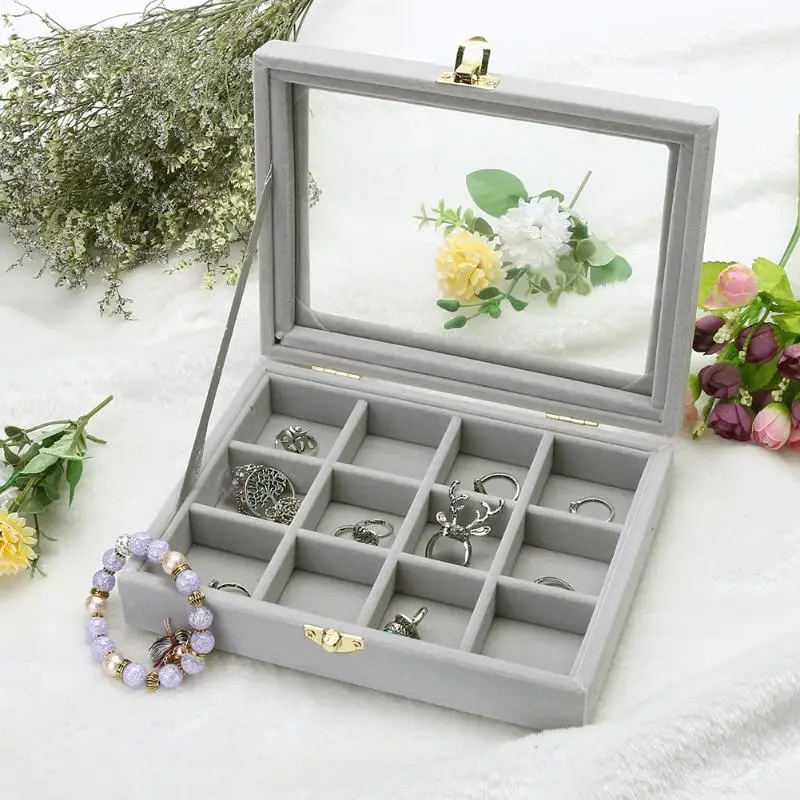

Velvet Glass Jewelry Display Box Jewelry Tray Holder Casket Storage Organizer 2019 Earrings Ring Box 20*15*4.5cm