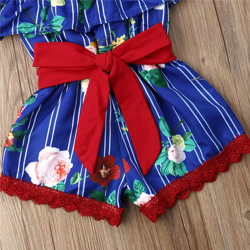 Kids Baby Girls clothes Off Shoulder striped Ruffle Flower print Romper strap sleeveless Bow Toddler lovely Jumpsuit one pieces