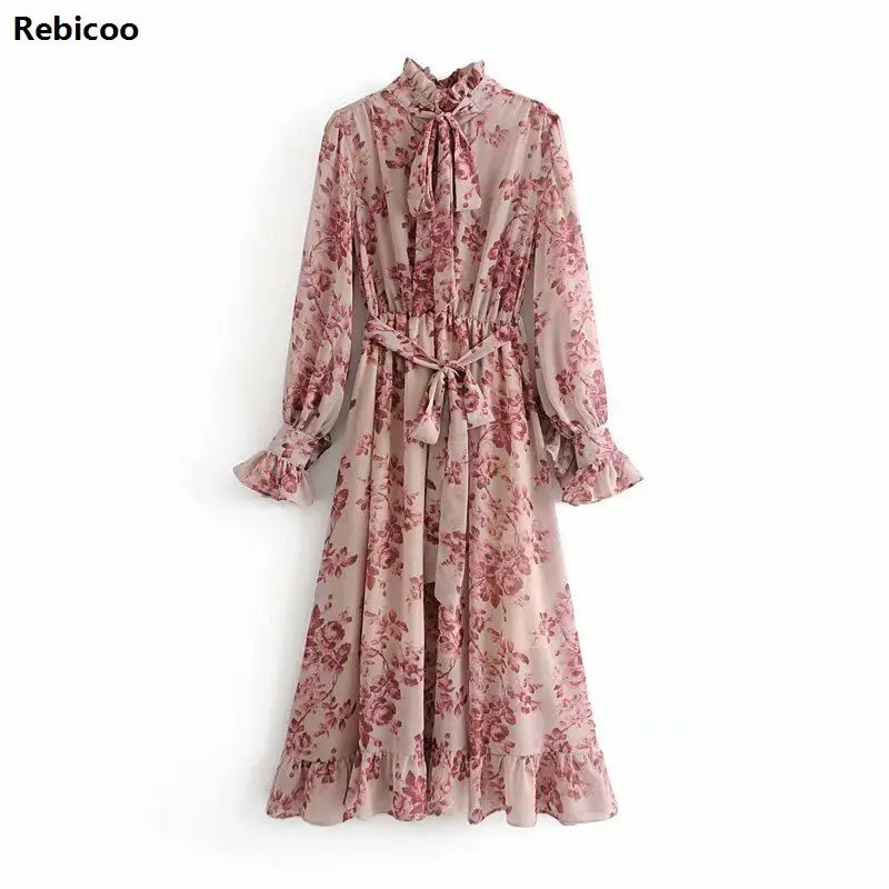 

women flower print ruffle dress with belt vintage bow collar long sleeve pleated lady boho maxi dresses vestidos 5D25